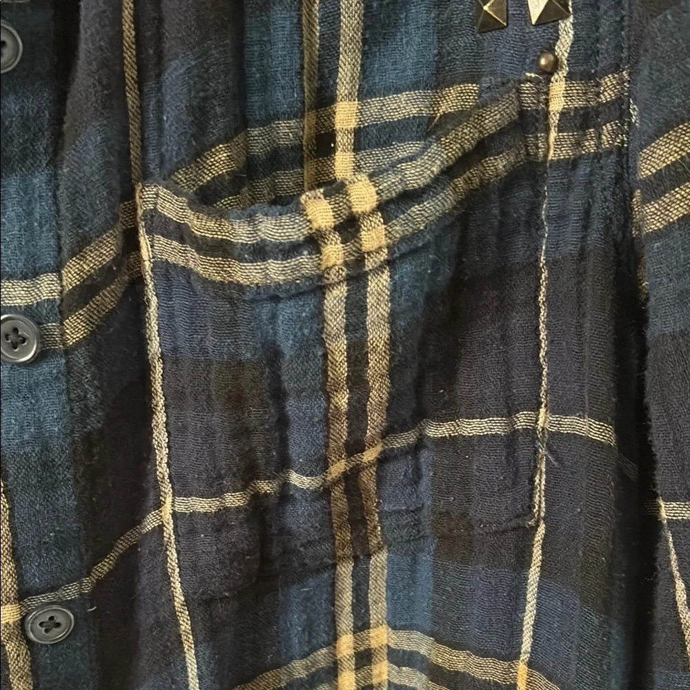 Free People Blue, Tan, White Embellished Button Down Plaid Shirt - Picture 5 of 8